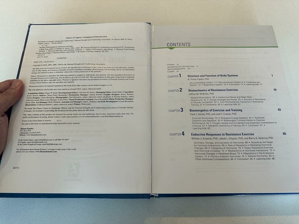 The NSCA CSCS starting page of the table of contents showing chapter 1-4 contents